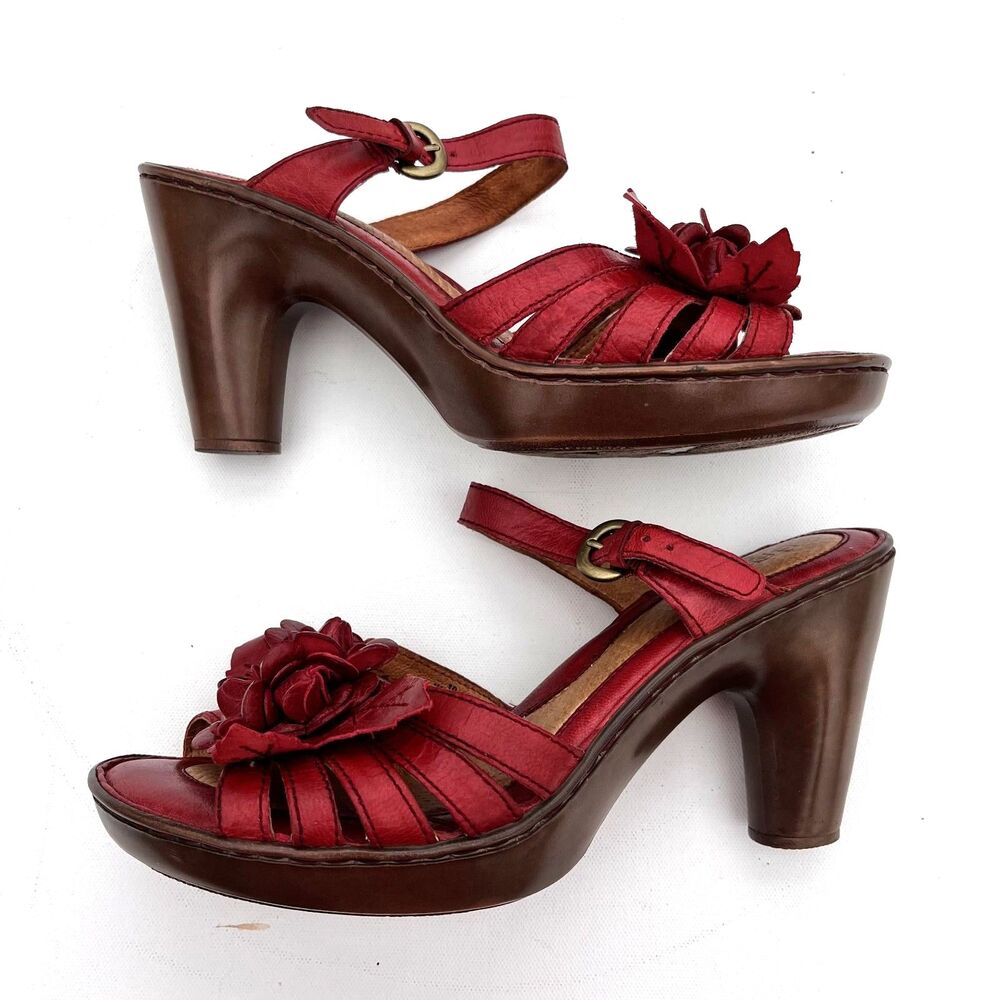 Born Red Leather Floral Rosette Heeled Sandals Women's 10.5 Ankle Strap - Picture 3 of 12